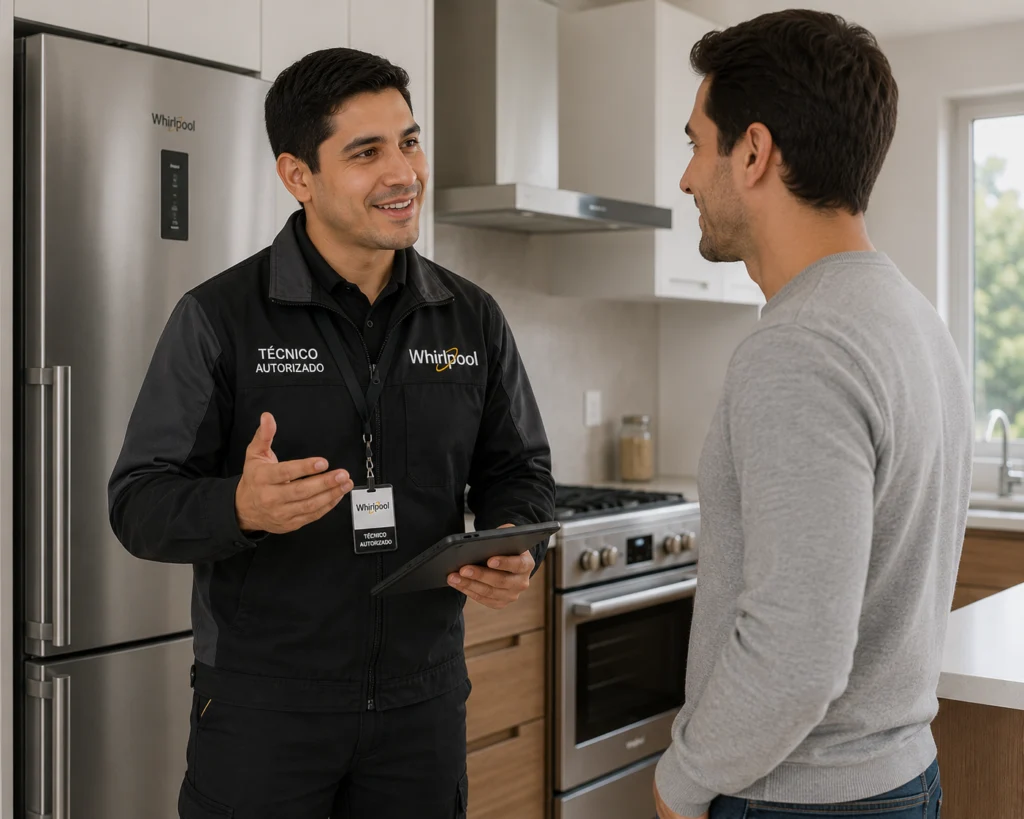 Técnico autorizado Whirlpool explicando un diagnóstico a un cliente en Panamá